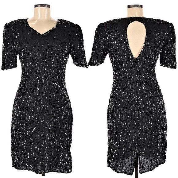 Vintage 1980s Beaded Dress Mark & John by Sam 100% Silk Black Cocktail Medium - Picture 1 of 13